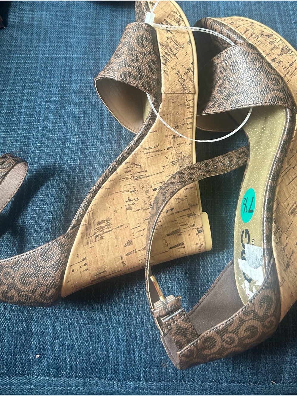 GBG Los Angeles Brown Patterned Cork-Effect Wedge Sandals